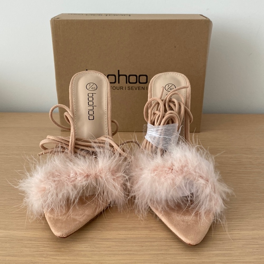 BOOHOO Wide Fit Feather Trip Wrap Up Heels